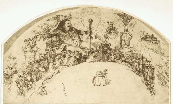Жан Гранвиль «Апофеоз Бальзака», ок. 1835 года. На переднем плане в окружении персонажей «Человеческой комедии» великан-писатель с одной из своих тростей. Париж, дом-музей Бальзака