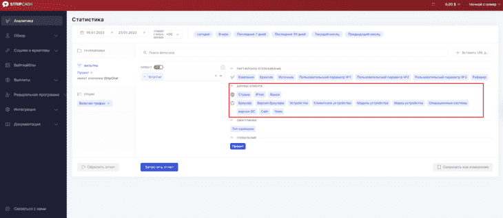 Раздел «Аналитика» в StripCash, «Данные клиента»  