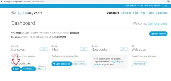 Главное меню интерфейса хостинга pythonanywhere