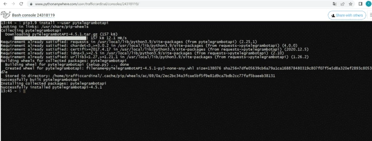 Серверная консоль сервиса pythonanywhere для работы с python