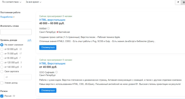 Выбор вакансий для HTML-верстальщиков на HeadHunter