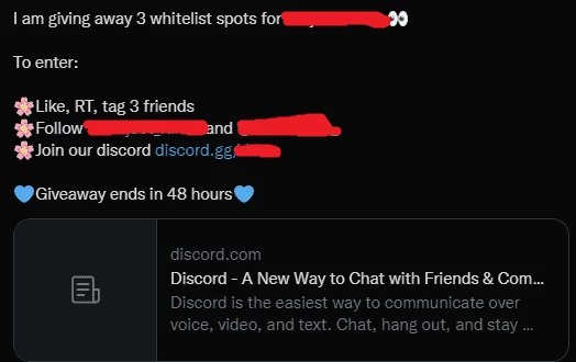 Пример твита для Whitelist для заработка на криптовалюте