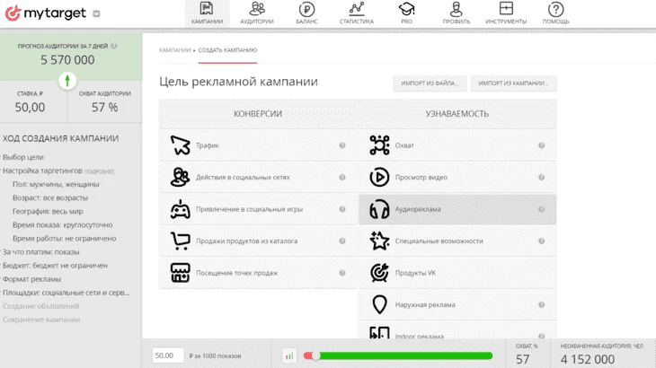 Вид личного кабинета и прогнозируемый охват при стандартном таргете (ГЕО — Россия) 