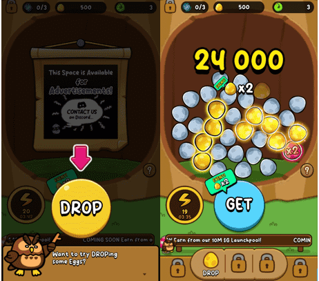 Старт игры Egg Drop. Кидаем яйца (DROP) и собираем комбинации (GET)