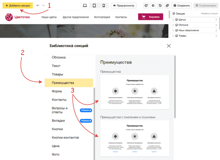Библиотека секций, раздел «Преимущества» в Директе