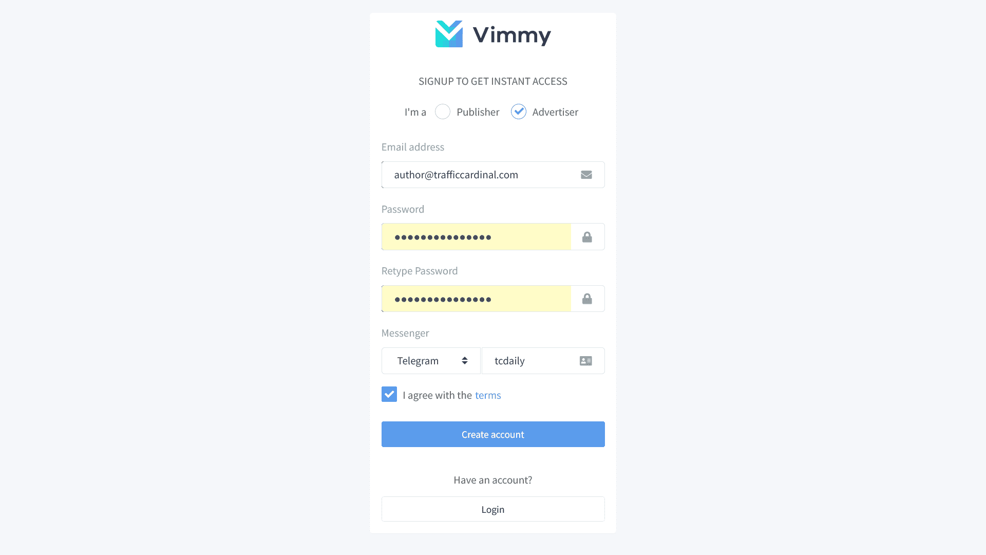 Cоздание учетной записи в Vimmy