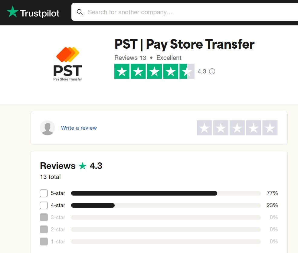 Сервис PST представлен на Trustpilot