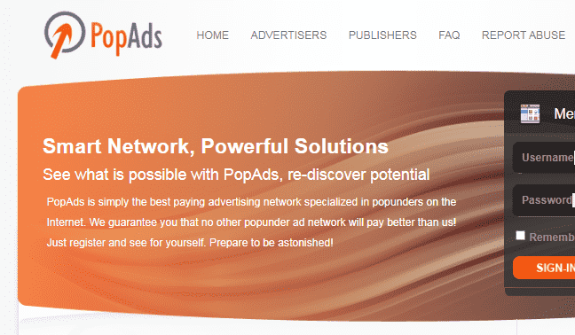 Главная страница сервиса PopAds