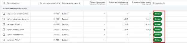 Статус ключевиков «В плане»