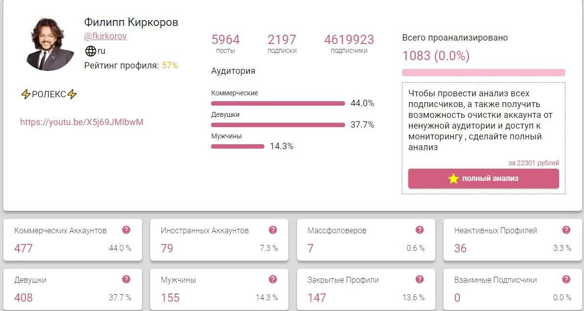 Пример анализа профиля в InstaHero