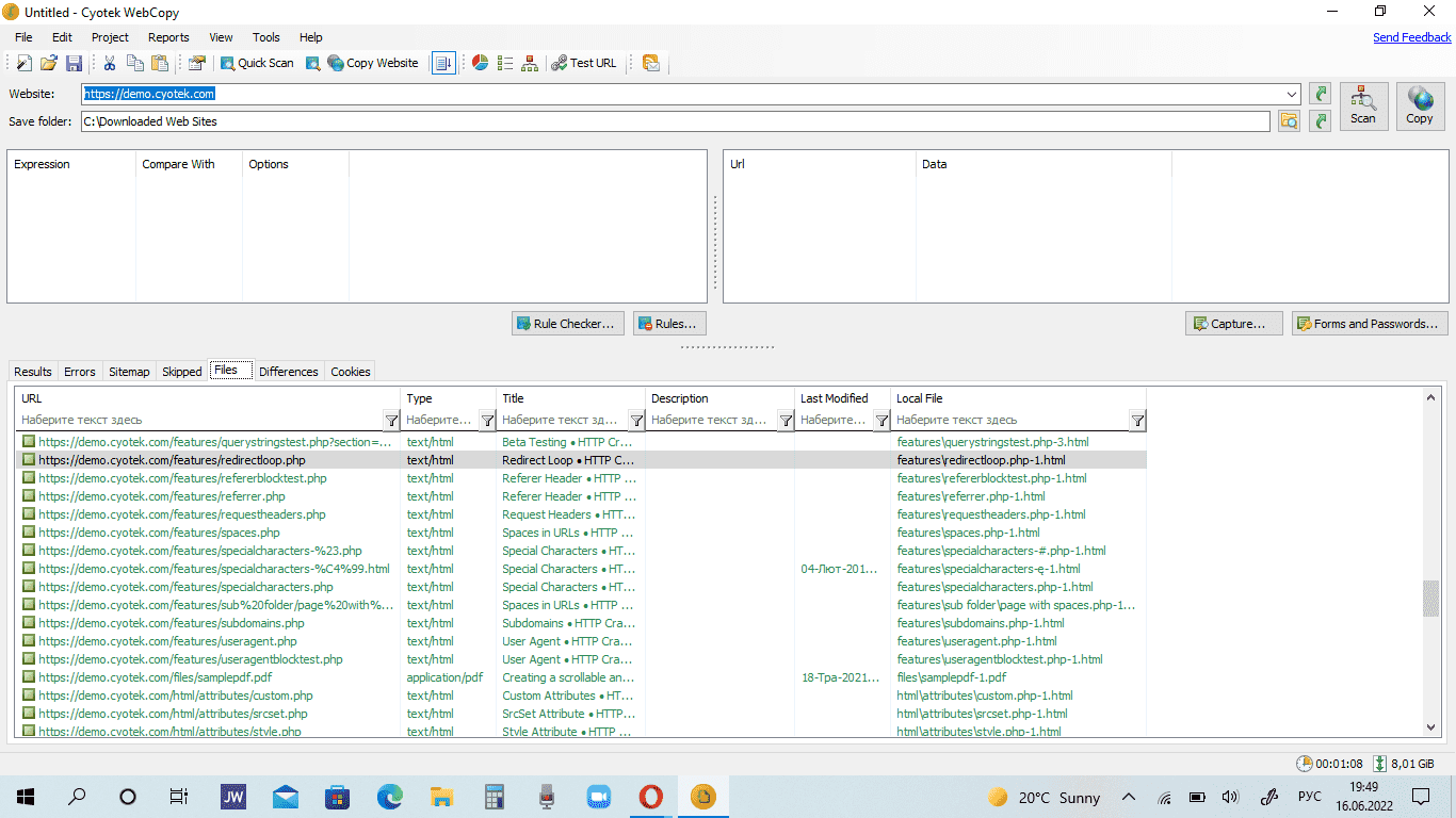 Список файлов в приложении WebCopy