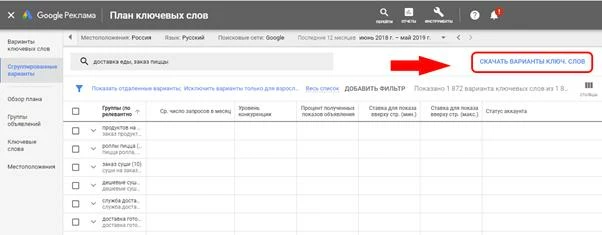 Кнопка для скачивания ключевых фраз в Keyword planner