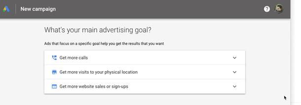 Предложение Google выбрать одну из трех рекламных целей