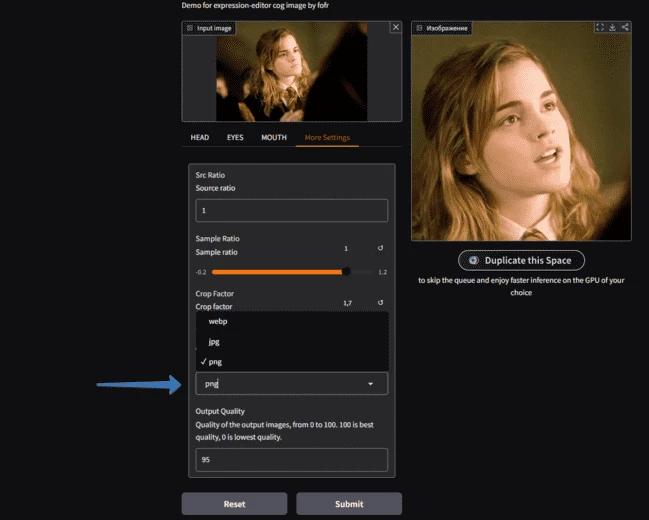 Выбор формата изображения в нейросети Expression Editor