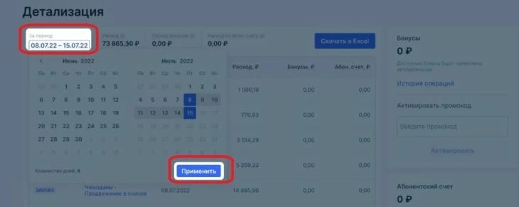 Раздел с детализацией отчетов по рекламе на Озоне