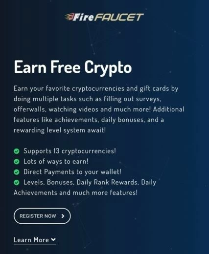 Главная страница крана для заработка крипты Firefaucet 