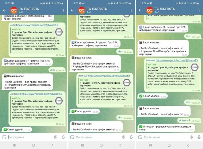 Проверяем — канал Юрьича удален. Параллельно, чтобы не ждать, меняем частоту проверки на 1 минуту (просто мы сами заливаем ролик и знаем, что он там есть).