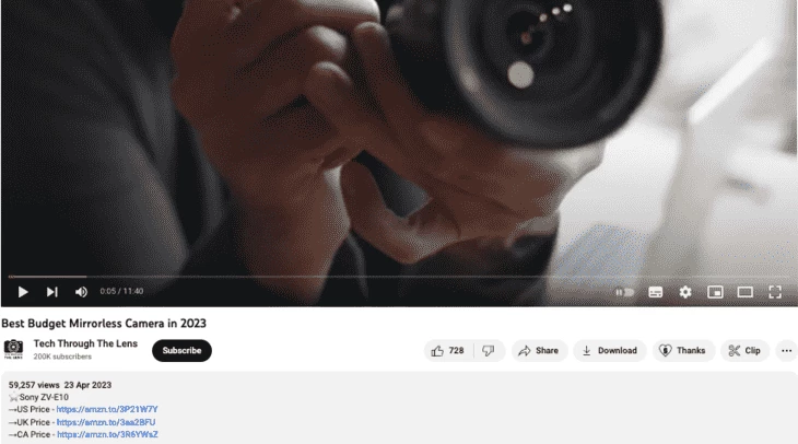 Example of affiliate links in the video description