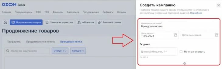 Выбор бюджета и даты запуска рекламы Брендовой полки Озон