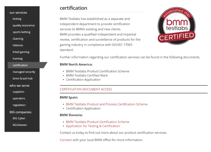 Перечень услуг и возможных сертификаций от BMM Testlabs