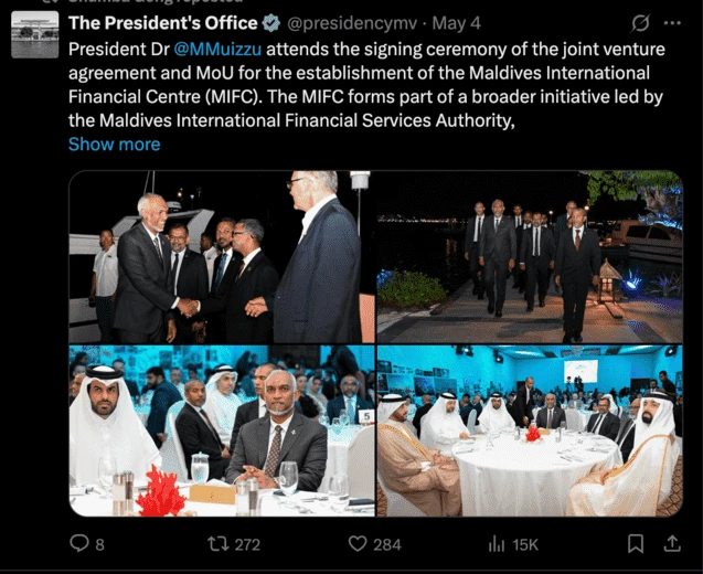Пост в Х: «Президент Мальдив @MMuizzu (Мохамед Муиззу) присутствует на церемонии подписания соглашения о совместном предприятии и Меморандума о взаимопонимании (MoU) по созданию Мальдивского международного финансового центра (MIFC). MIFC является частью более широкой инициативы, возглавляемой Управлением международных финансовых услуг Мальдив, созданным под руководством президента с целью преобразования экономического ландшафта страны и выведения Мальдив на передовые позиции в сфере финансов XXI века».