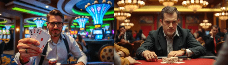Guy holding cards in a casino vs. a professional poker player at a high-stakes table, with a focused expression. 