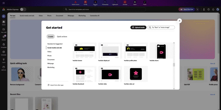 Панель для быстрого старта в Adobe Express