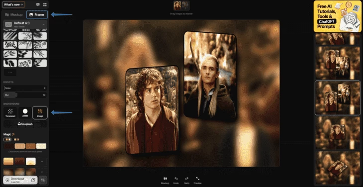 Вкладка Frame для изменения фона 
