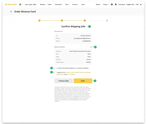 Подача заявления на получение карты Binance