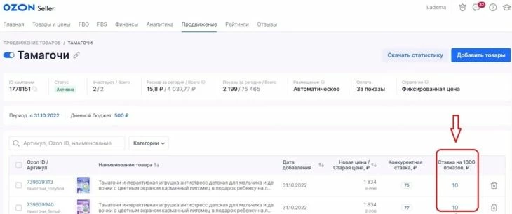 Выбор ставки для показов рекламы на площадке Озон