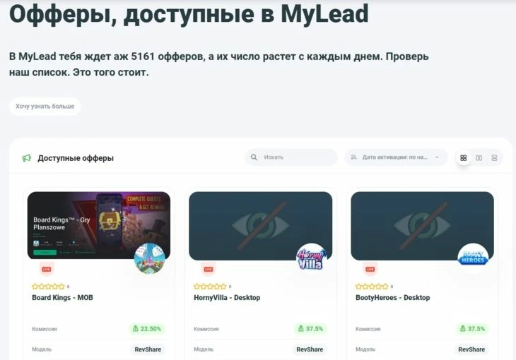 В партнерке MyLead можно работать с более чем 5 000 офферов