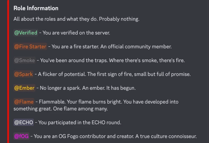 Информация о ролях Fogo Discord. Источник: CryptoRank 