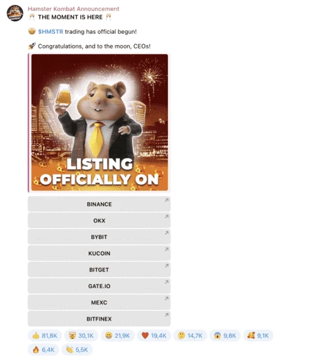Биржи, на которых залистился токен $HMSTR 