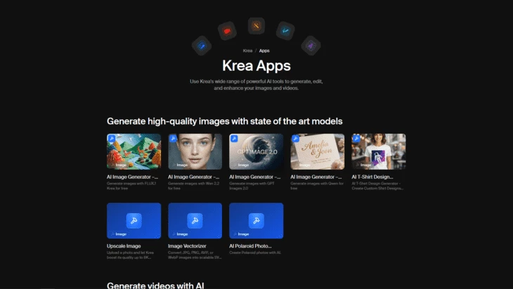 Раздел приложений в Krea.ai