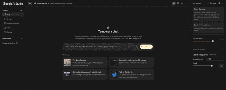 Рабочее пространство Googe AiStudio
