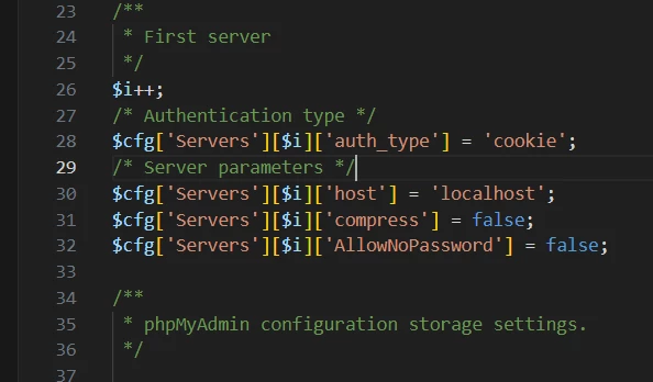 Настройки подключения phpMyAdmin