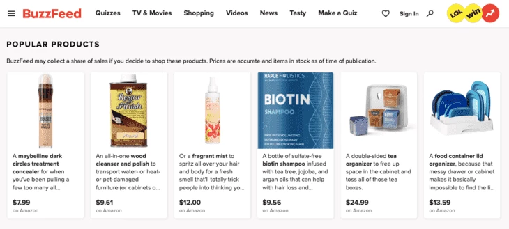 Example of shopping recommendations from Amazon on BuzzFeed