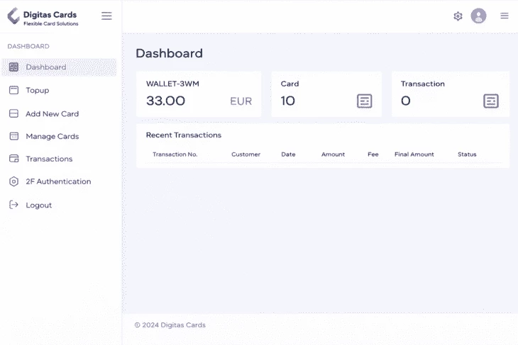 Dashboard overview of Digitas Cards system
