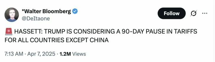 Фейк-пост Walter Bloomberg о приостановке Трампом тарифов на 90 дней