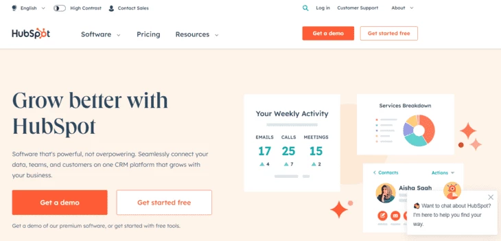 Скриншот главной страницы HubSpot 