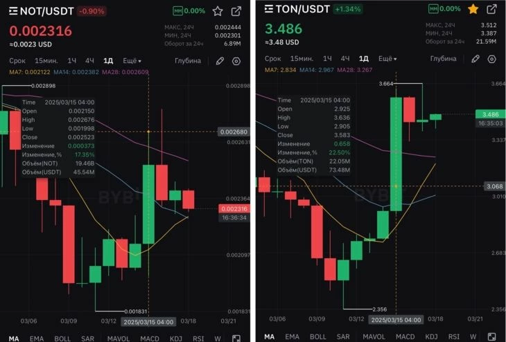 График роста NOT и TON за 15.03.2025 (источник: Bybit)