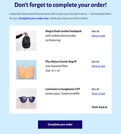 Abandoned cart email example