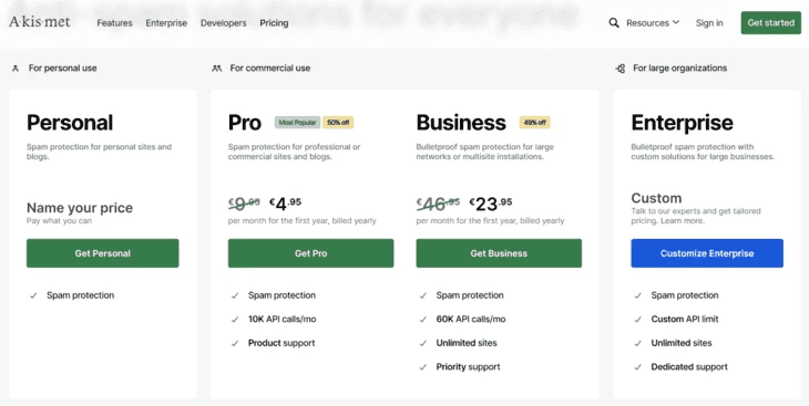 Тарифные планы Akismet Antispam