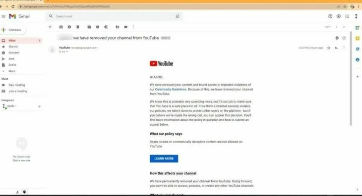 Пример письма о бане канала