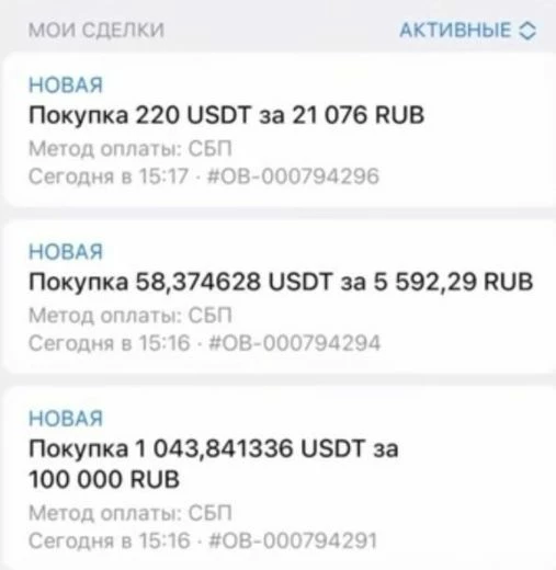 Пример активных сделок 