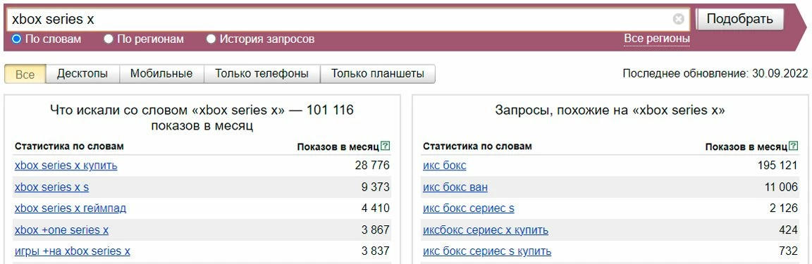 Поисковый запрос в сервисе wordstat от Яндекса