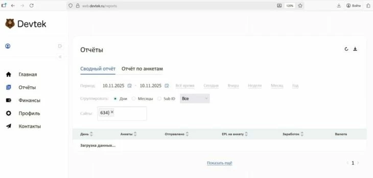 Раздел «Отчеты» в Devtek