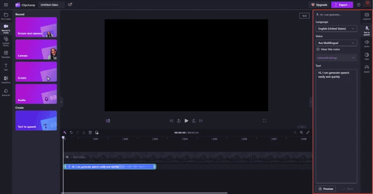 Настройки речи в Clipchamp