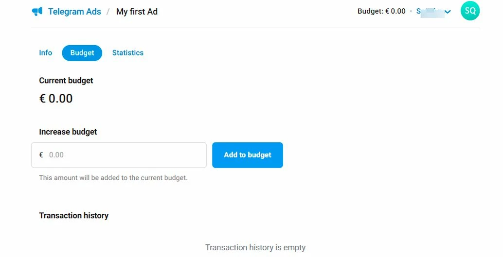Добавление бюджета в Telegram Ads