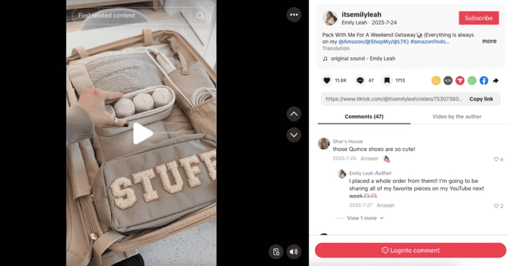 “Amazon finds” TikTok review on travel packing